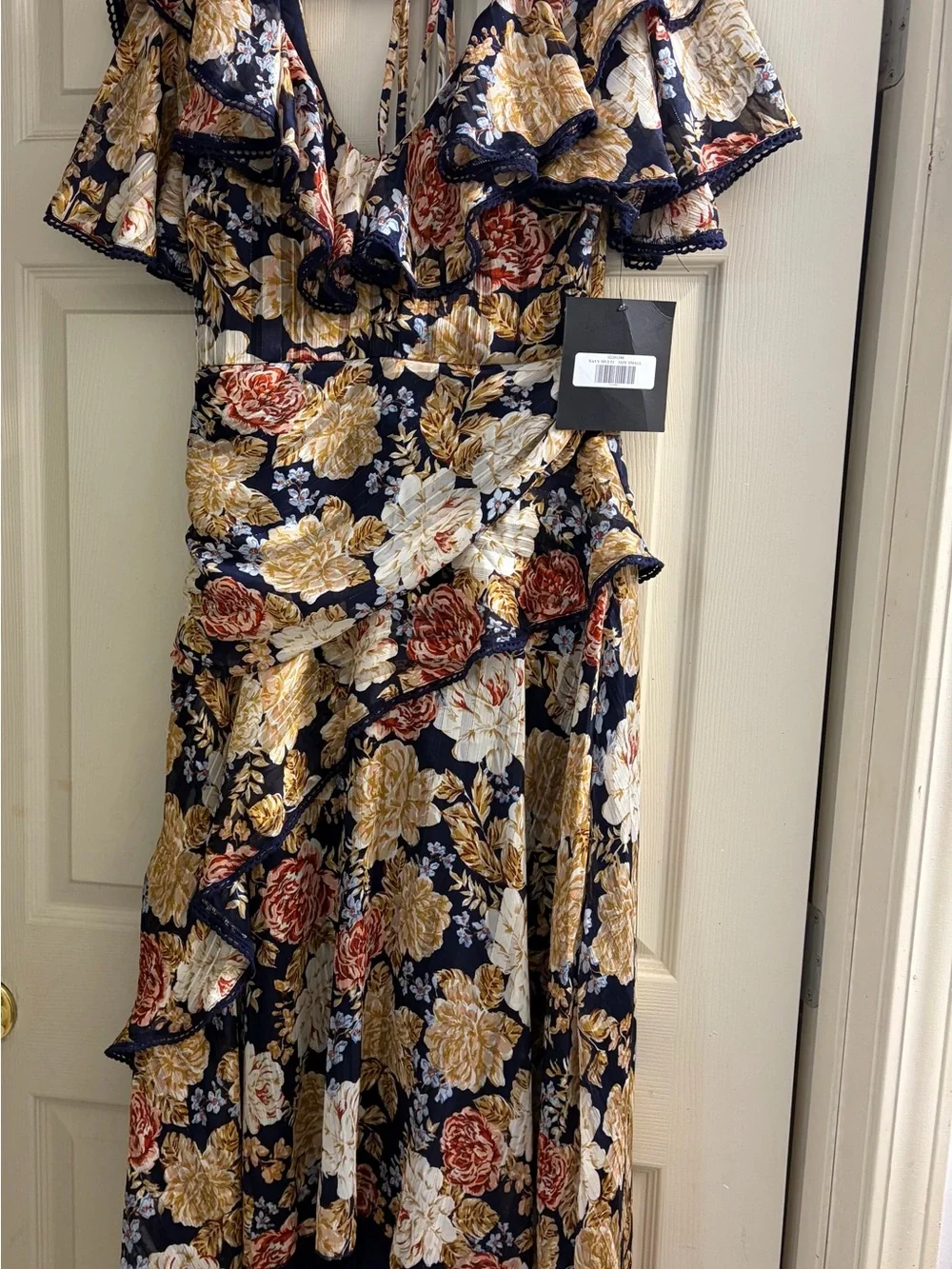 Floral Ruffle Midi Dress - Navy with Cream & Rose Accents